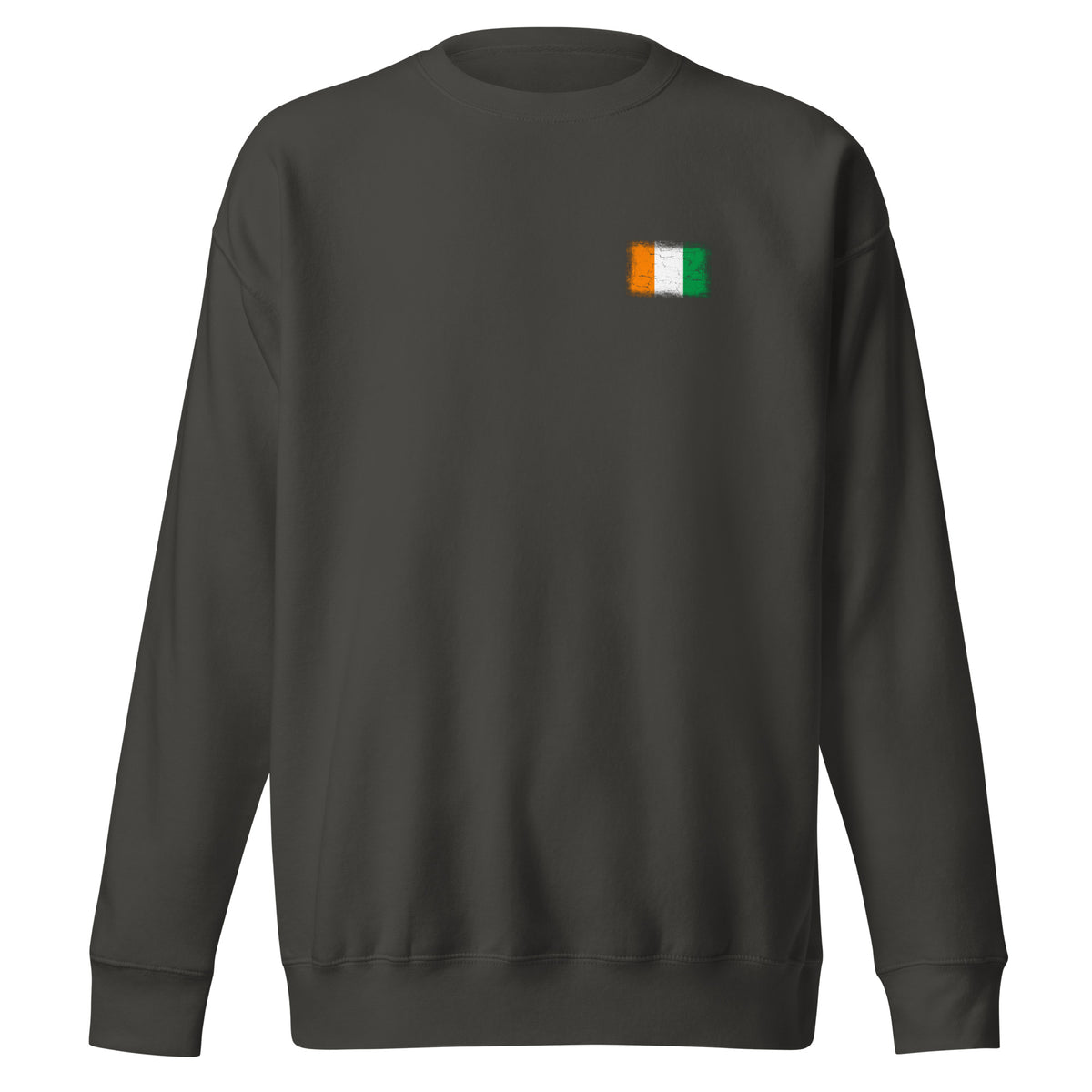 Côte d'Ivoire flag sweatshirt in Vintage Black, vintage-washed print, small flag on the left chest, unisex cut, front view