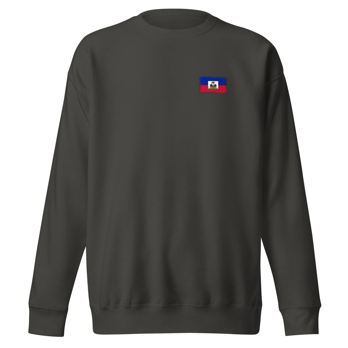 Haiti flag sweatshirt in Vintage Black, vintage-washed print, small flag on the left chest, unisex cut, front view