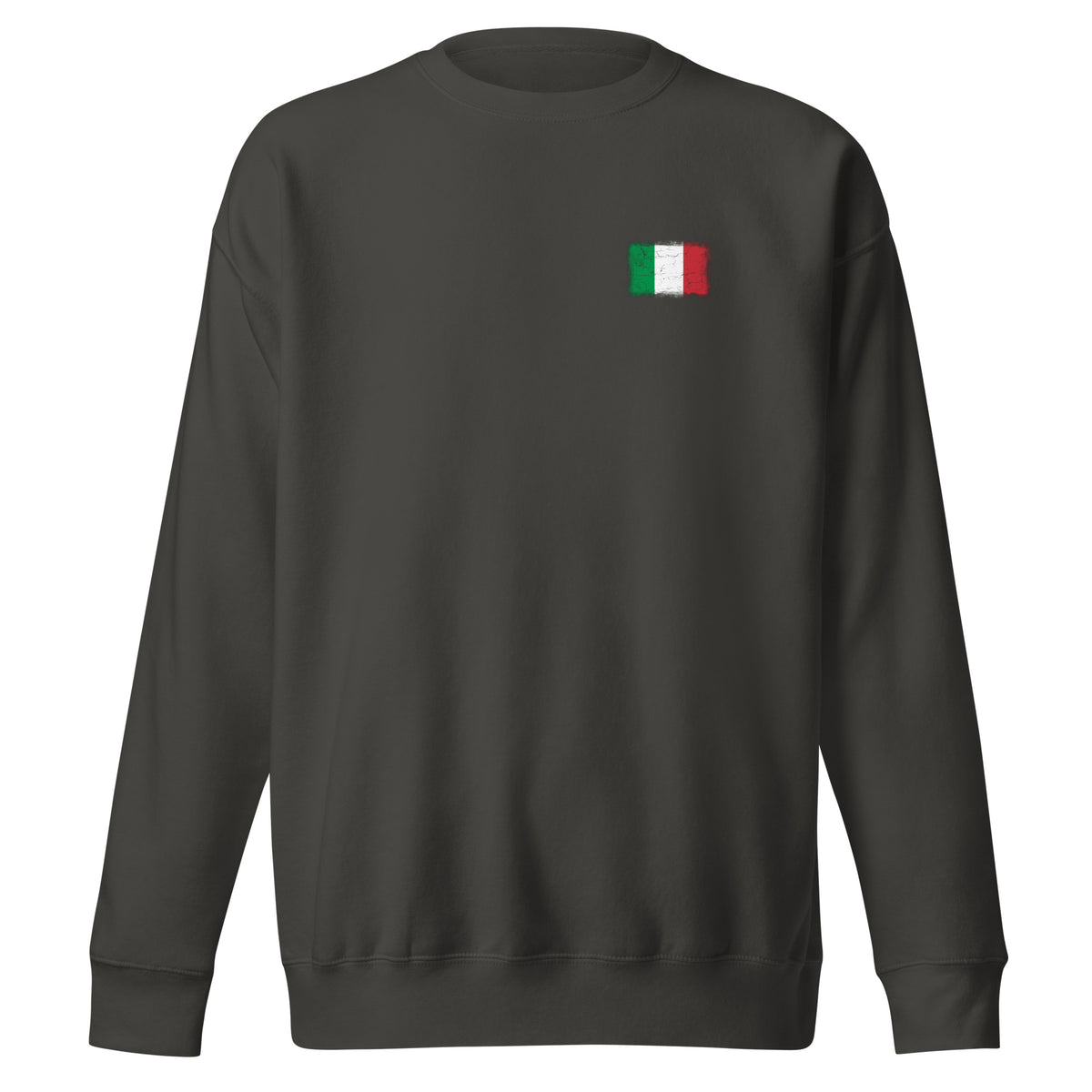 Italy flag sweatshirt in Vintage Black, vintage-washed print, small flag on the left chest, unisex cut, front view
