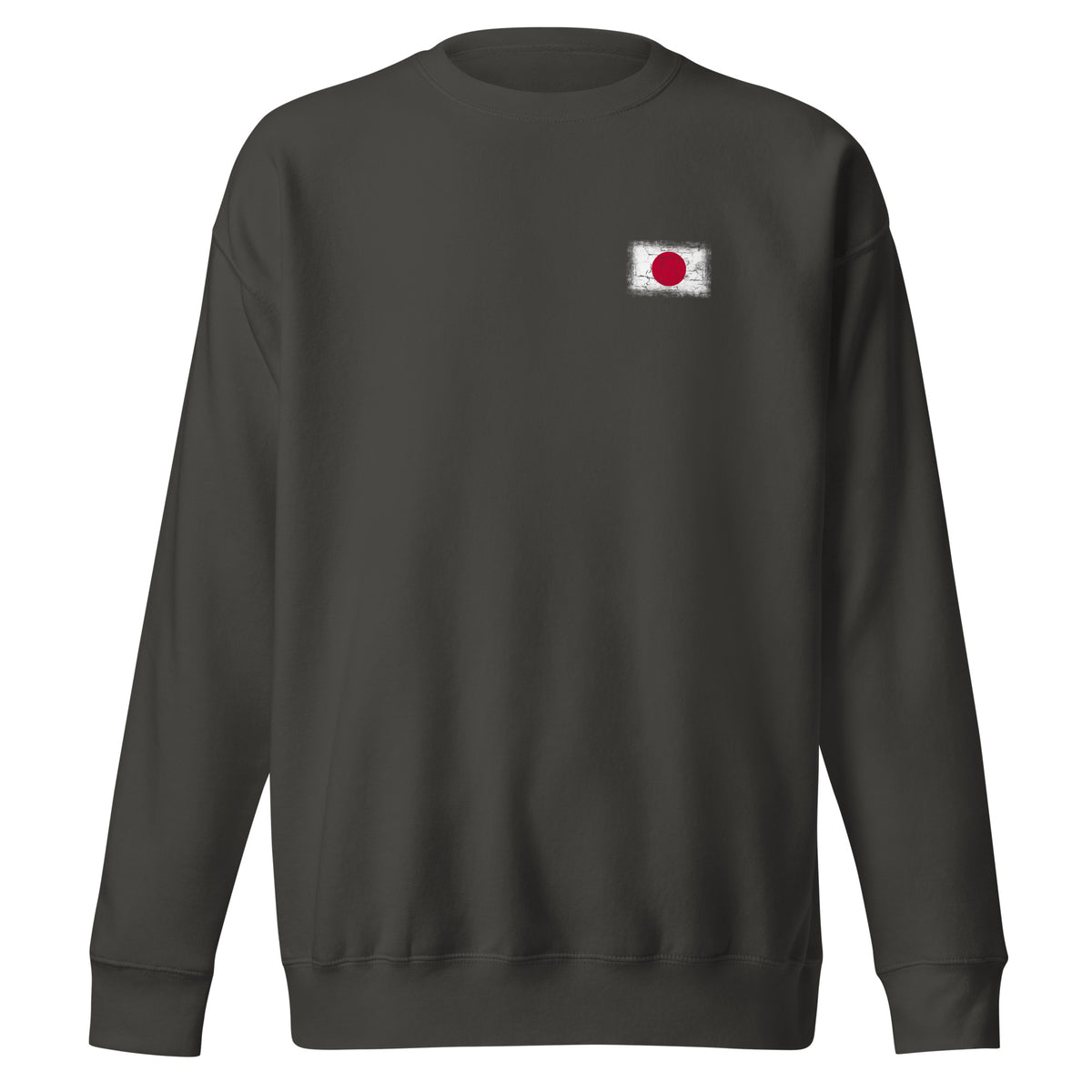Japan flag sweatshirt in Vintage Black, vintage-washed print, small flag on the left chest, unisex cut, front view