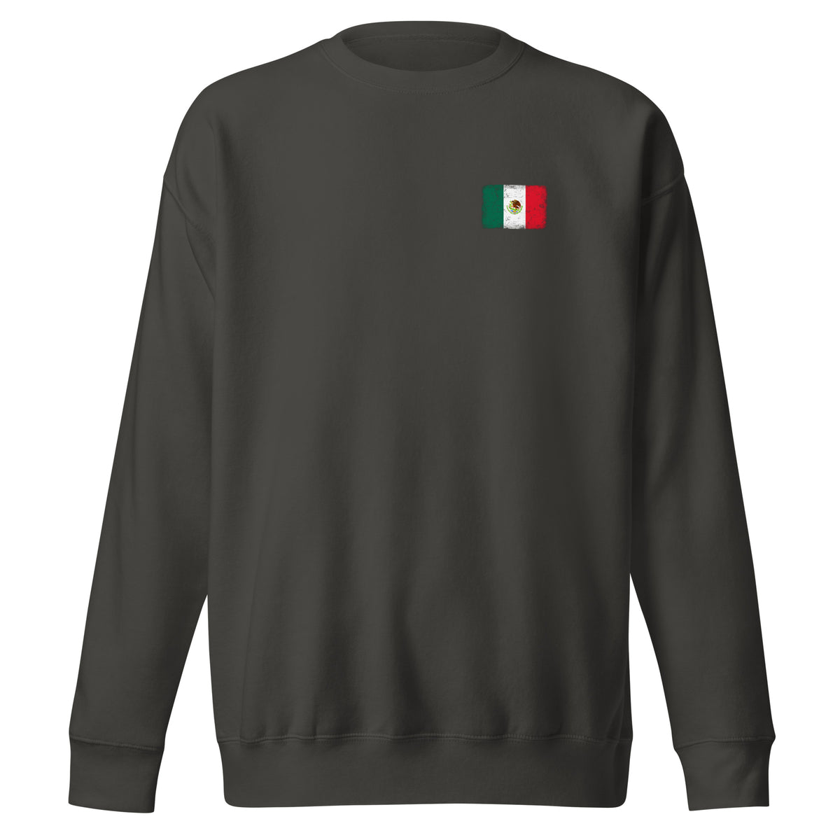 Mexico flag sweatshirt in Vintage Black, vintage-washed print, small flag on the left chest, unisex cut, front view