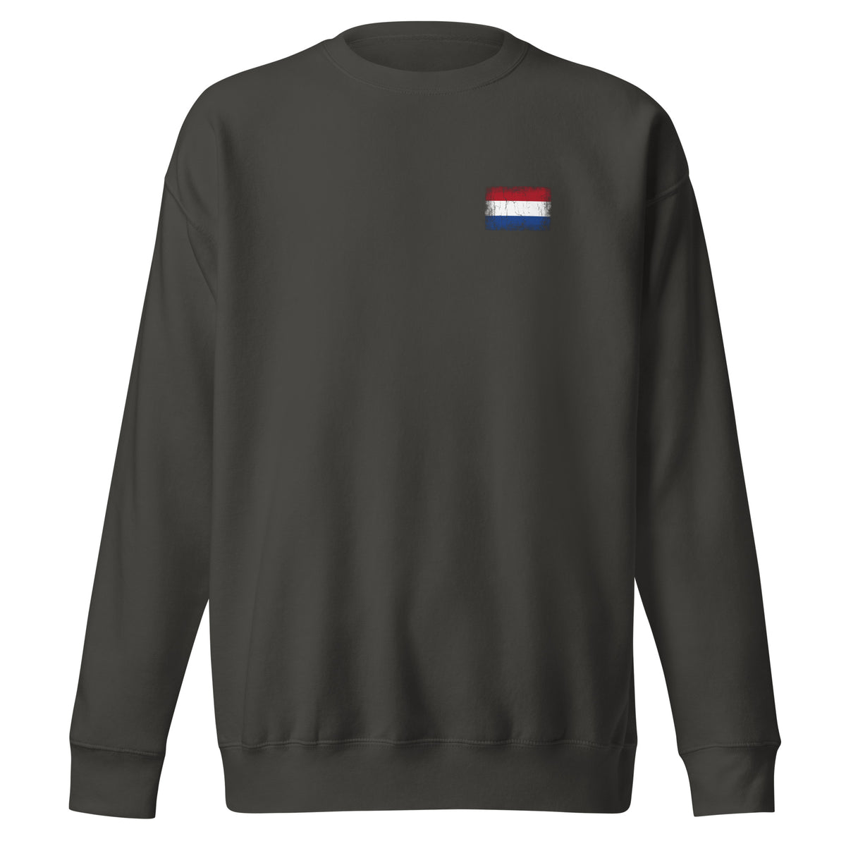 Netherlands flag sweatshirt in Vintage Black, vintage-washed print, small flag on the left chest, unisex cut, front view