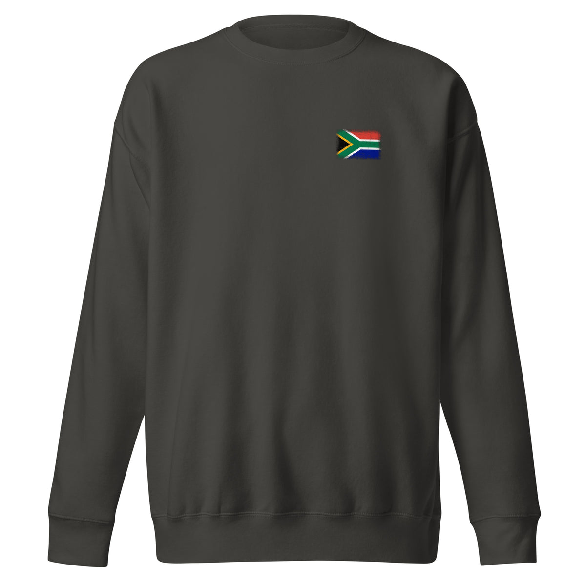 South Africa flag sweatshirt in Vintage Black, vintage-washed print, small flag on the left chest, unisex cut, front view