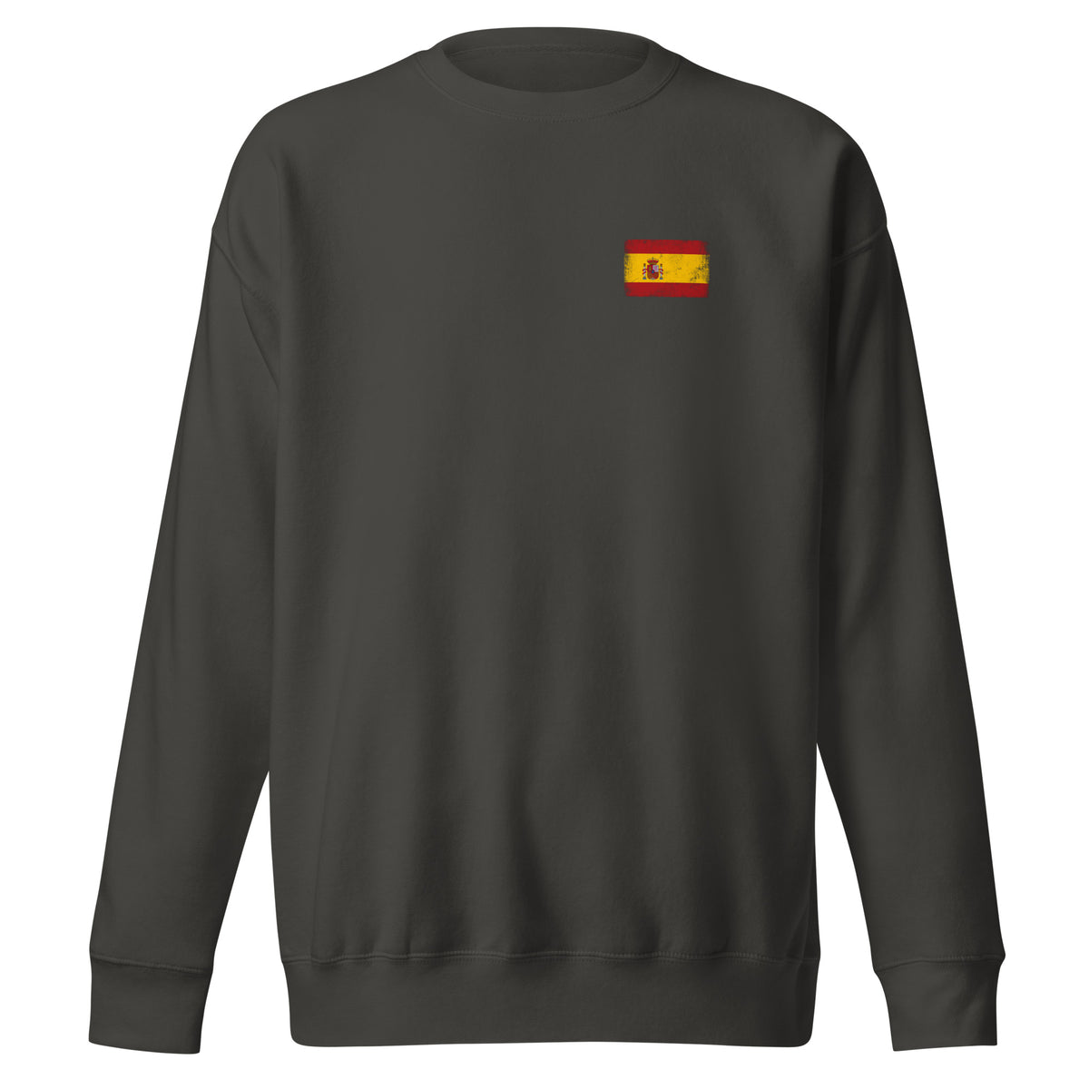 Spain flag sweatshirt in Vintage Black, vintage-washed print, small flag on the left chest, unisex cut, front view