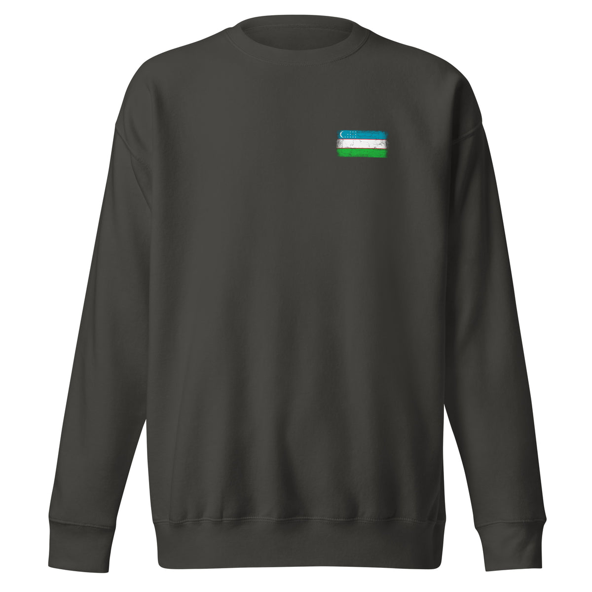 Uzbekistan flag sweatshirt in Vintage Black, vintage-washed print, small flag on the left chest, unisex cut, front view