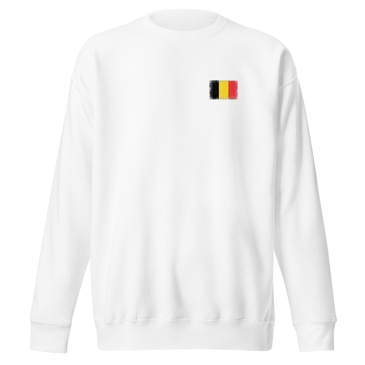 Belgium flag sweatshirt in White, vintage-washed print, small flag on the left chest, unisex cut, front view