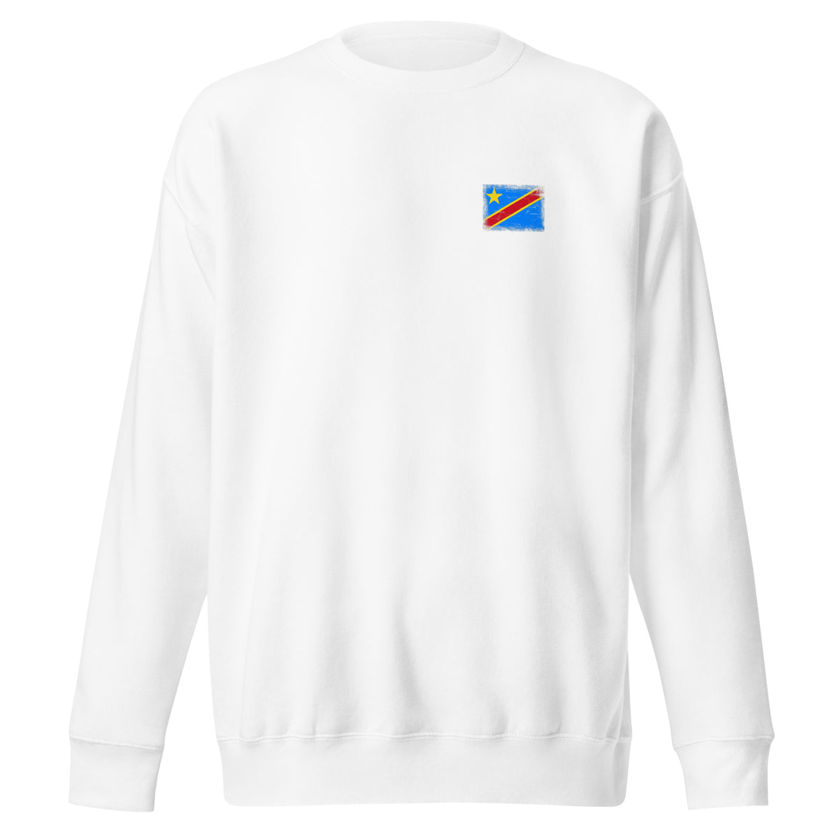 Congo flag sweatshirt in White, vintage-washed print, small flag on the left chest, unisex cut, front view