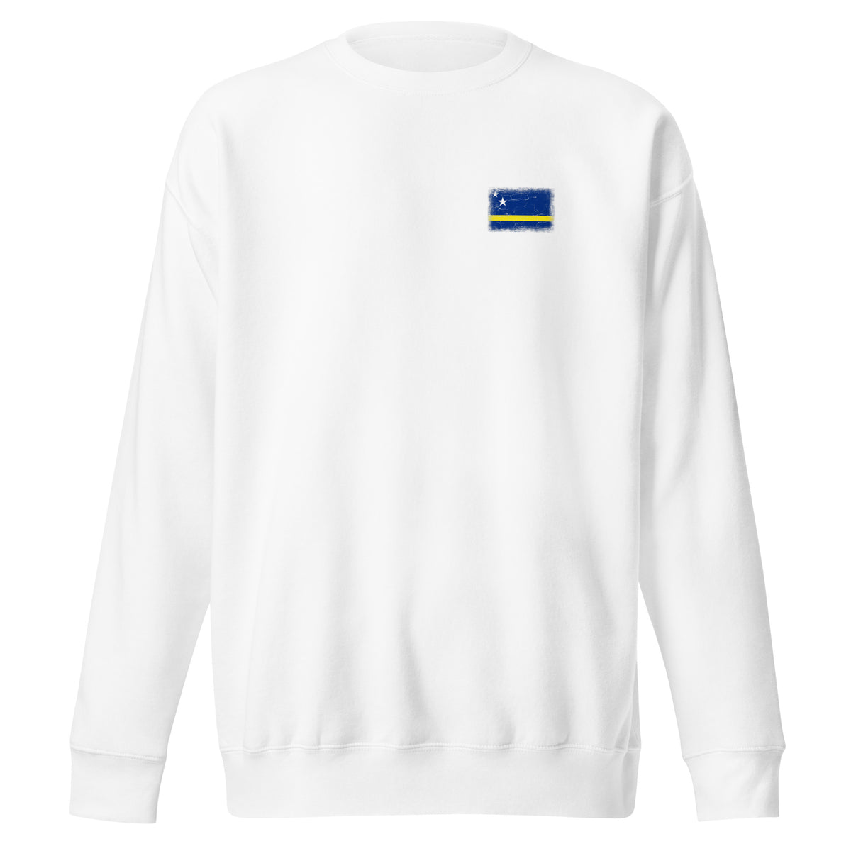 Curaçao flag sweatshirt in White, vintage-washed print, small flag on the left chest, unisex cut, front view