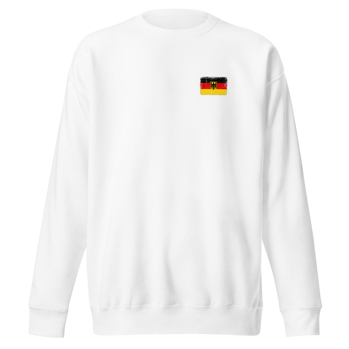 Germany flag sweatshirt in White, vintage-washed print, small flag on the left chest, unisex cut, front view