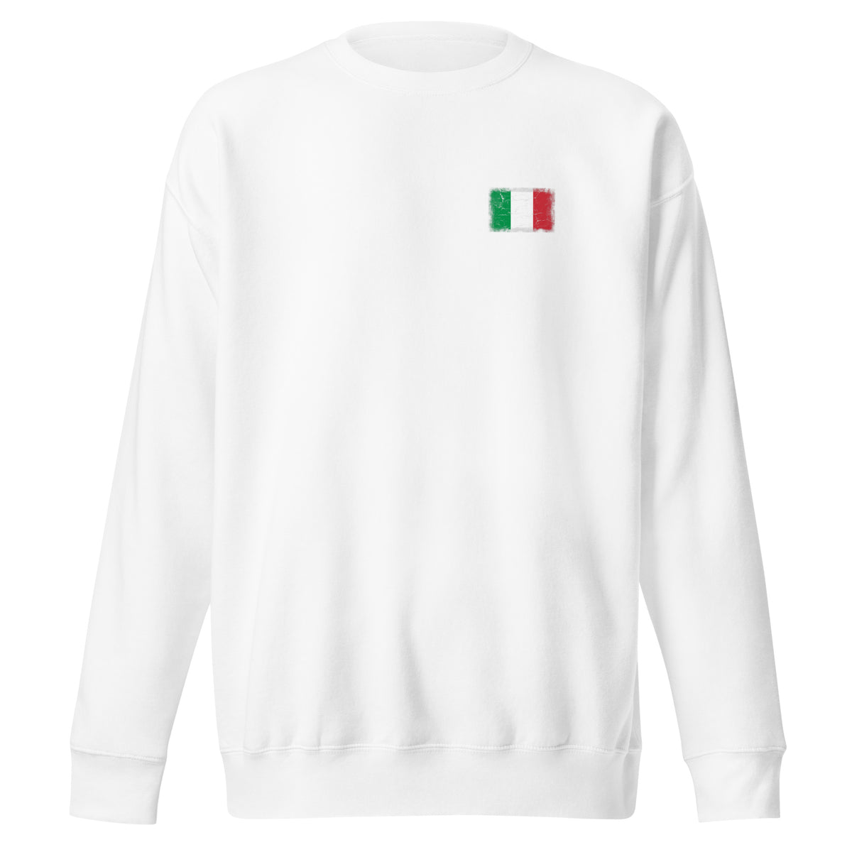 Italy flag sweatshirt in White, vintage-washed print, small flag on the left chest, unisex cut, front view