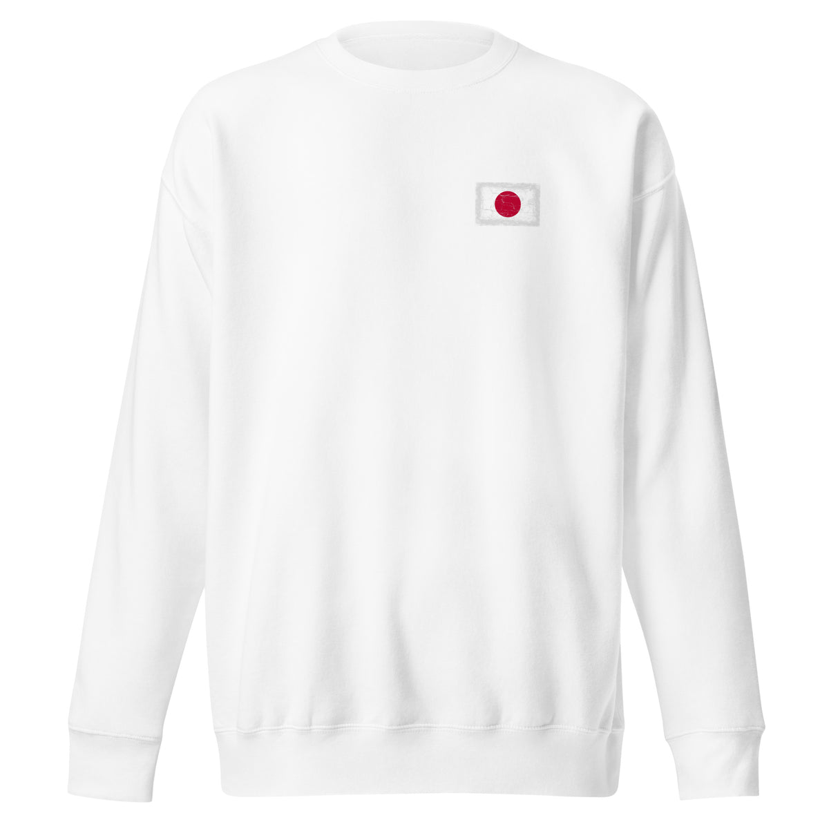 Japan flag sweatshirt in White, vintage-washed print, small flag on the left chest, unisex cut, front view