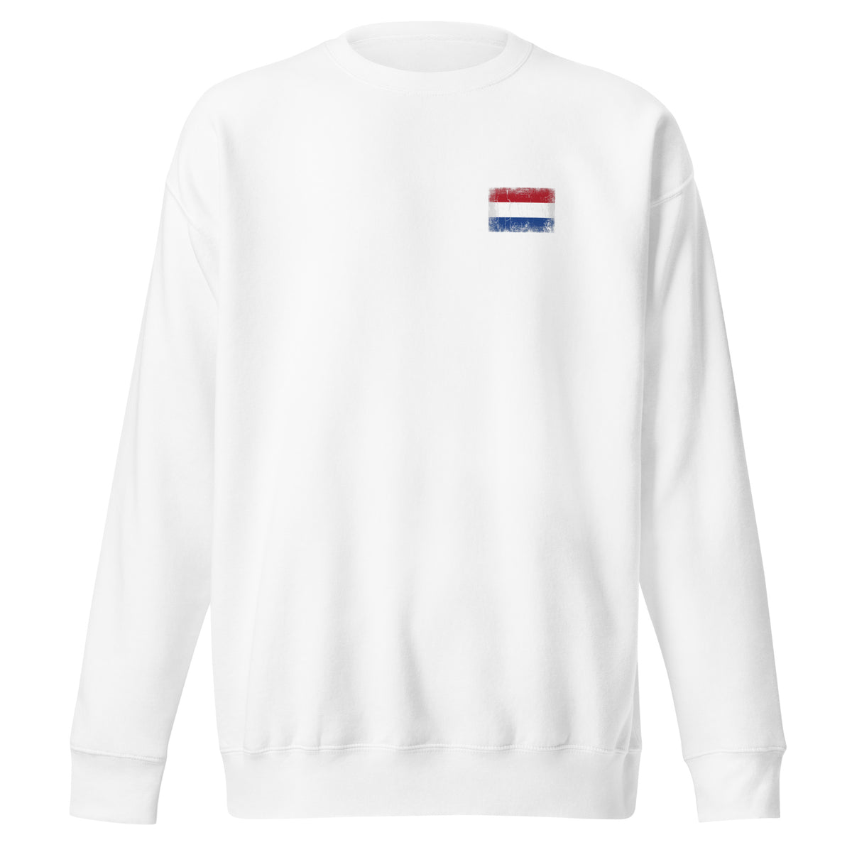 Netherlands flag sweatshirt in White, vintage-washed print, small flag on the left chest, unisex cut, front view