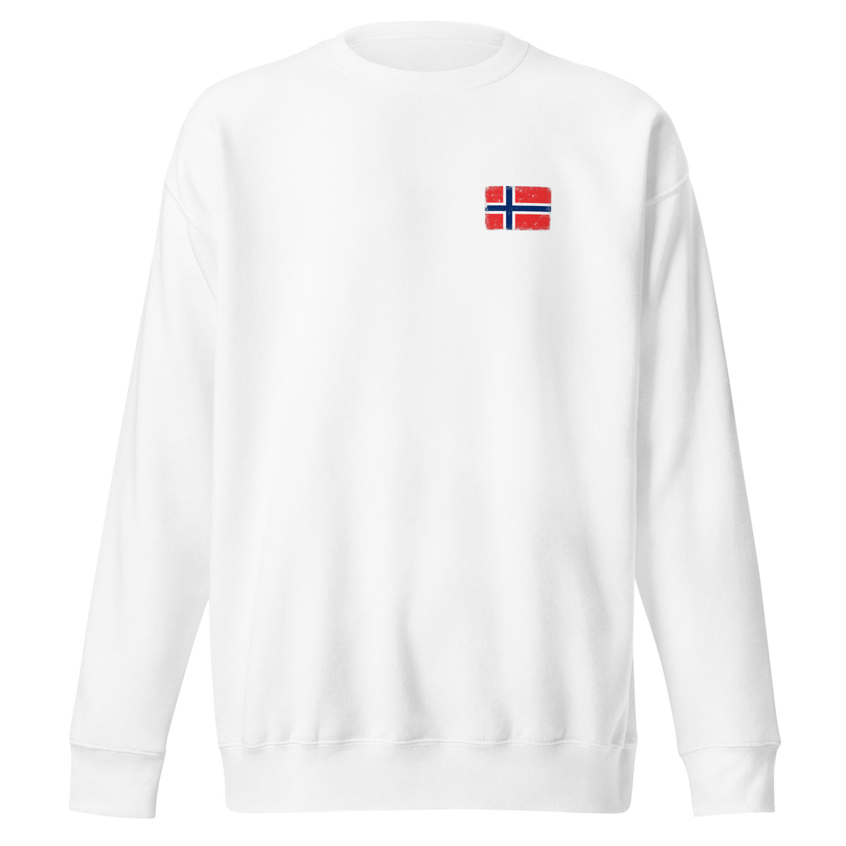 Norway flag sweatshirt in White, vintage-washed print, small flag on the left chest, unisex cut, front view