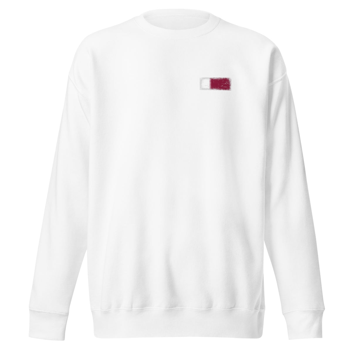 Qatar flag sweatshirt in White, vintage-washed print, small flag on the left chest, unisex cut, front view