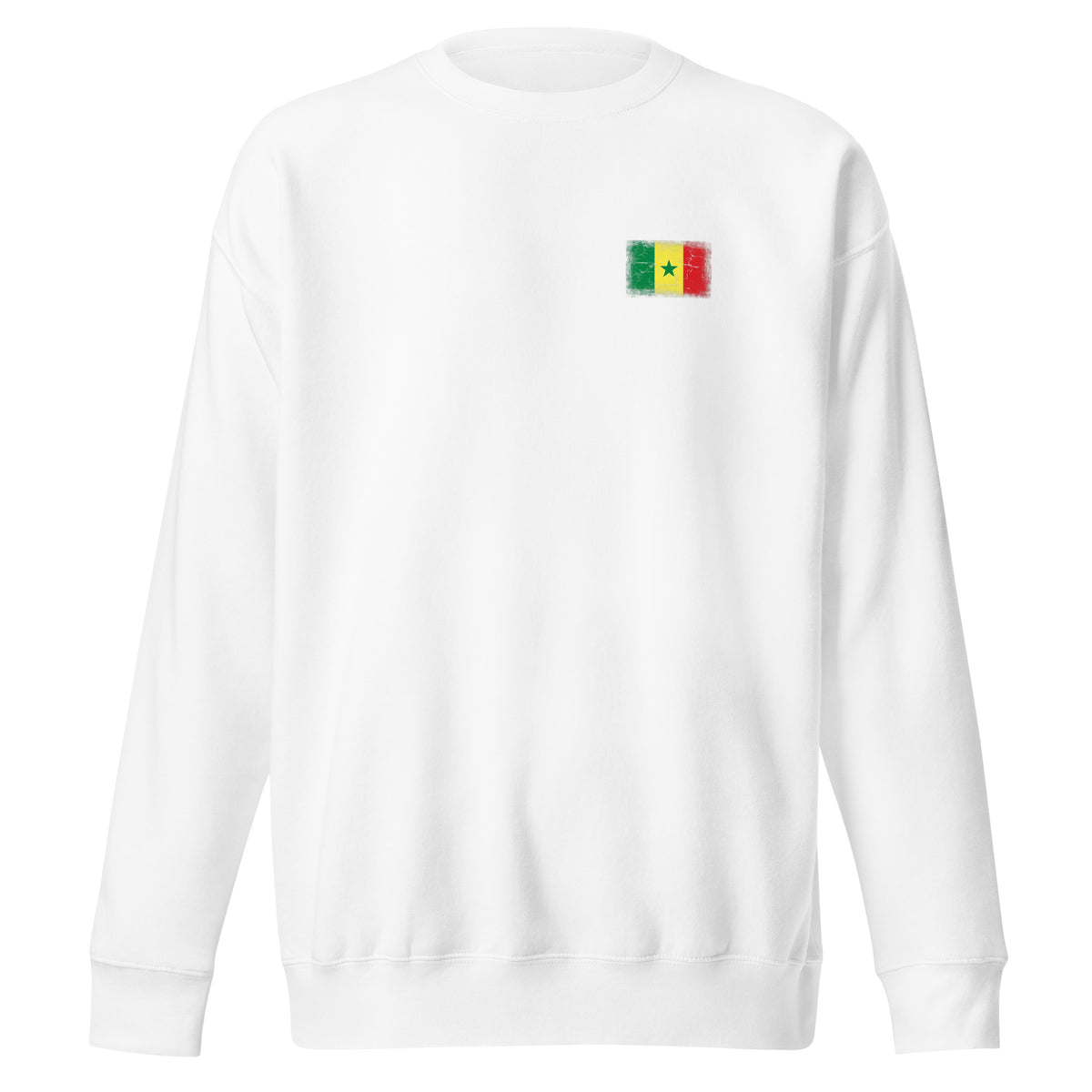 Senegal flag sweatshirt in White, vintage-washed print, small flag on the left chest, unisex cut, front view