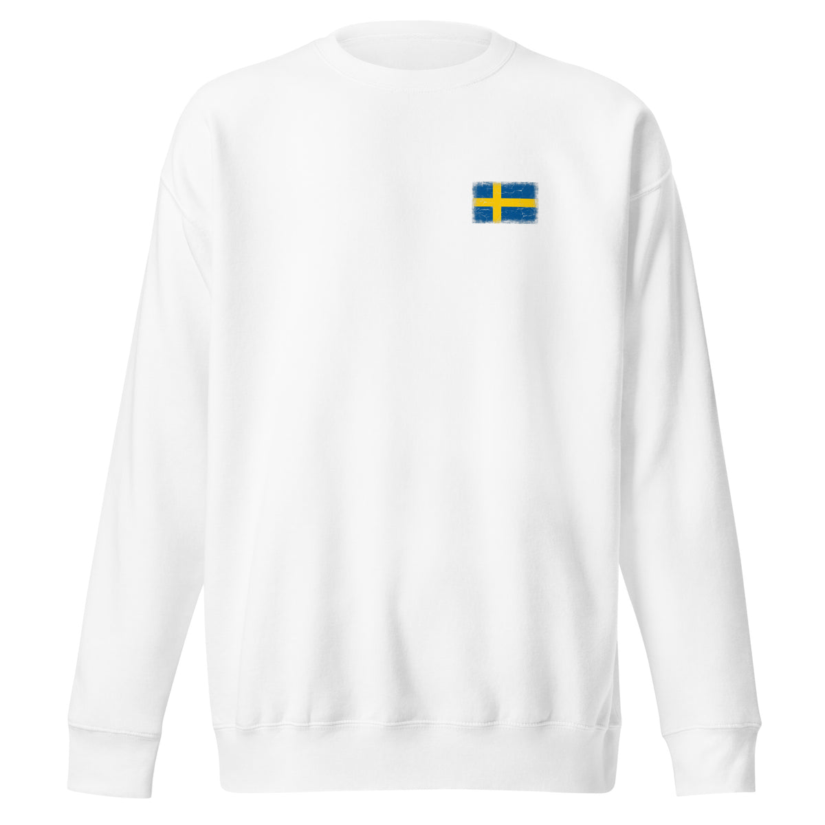 Sweden flag sweatshirt in White, vintage-washed print, small flag on the left chest, unisex cut, front view