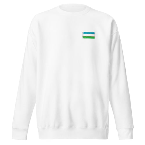 Uzbekistan flag sweatshirt in White, vintage-washed print, small flag on the left chest, unisex cut, front view