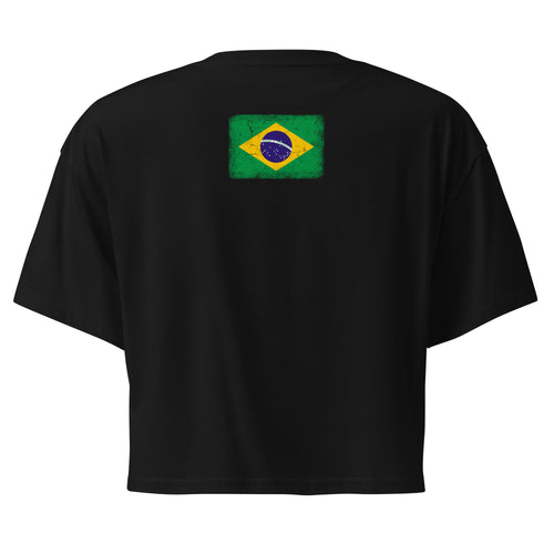 Brasil flag crop top in Black, vintage-washed print, flag across the upper back, women cut, back view