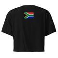 South Africa flag crop top in Black, vintage-washed print, flag across the upper back, women cut, back view