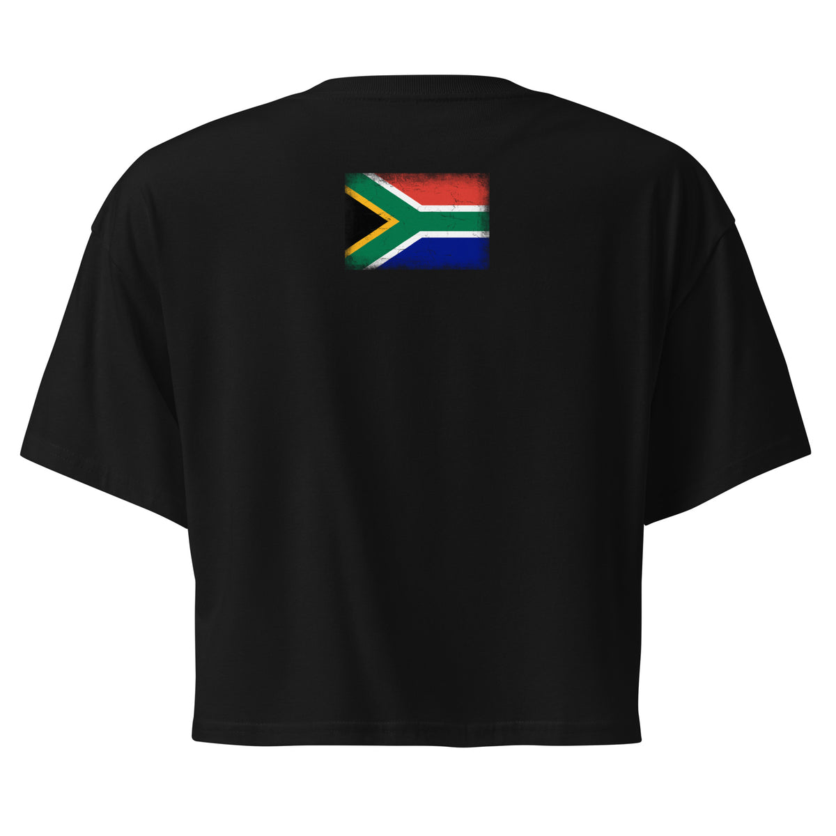 South Africa flag crop top in Black, vintage-washed print, flag across the upper back, women cut, back view