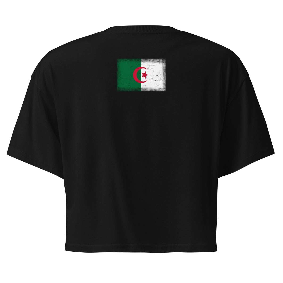 Algeria flag crop top in Black, vintage-washed print, flag across the upper back, women cut, back view