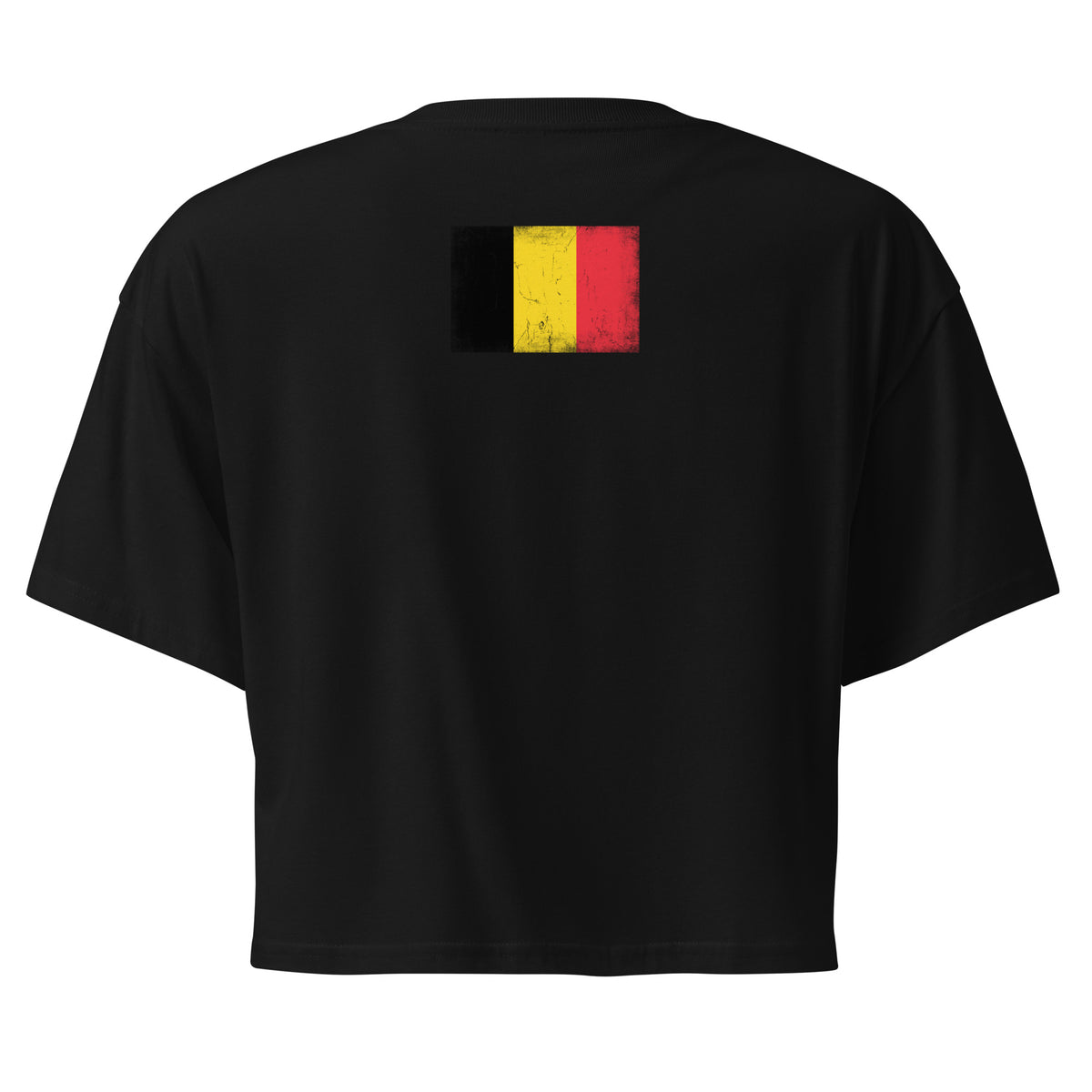 Belgium flag crop top in Black, vintage-washed print, flag across the upper back, women cut, back view