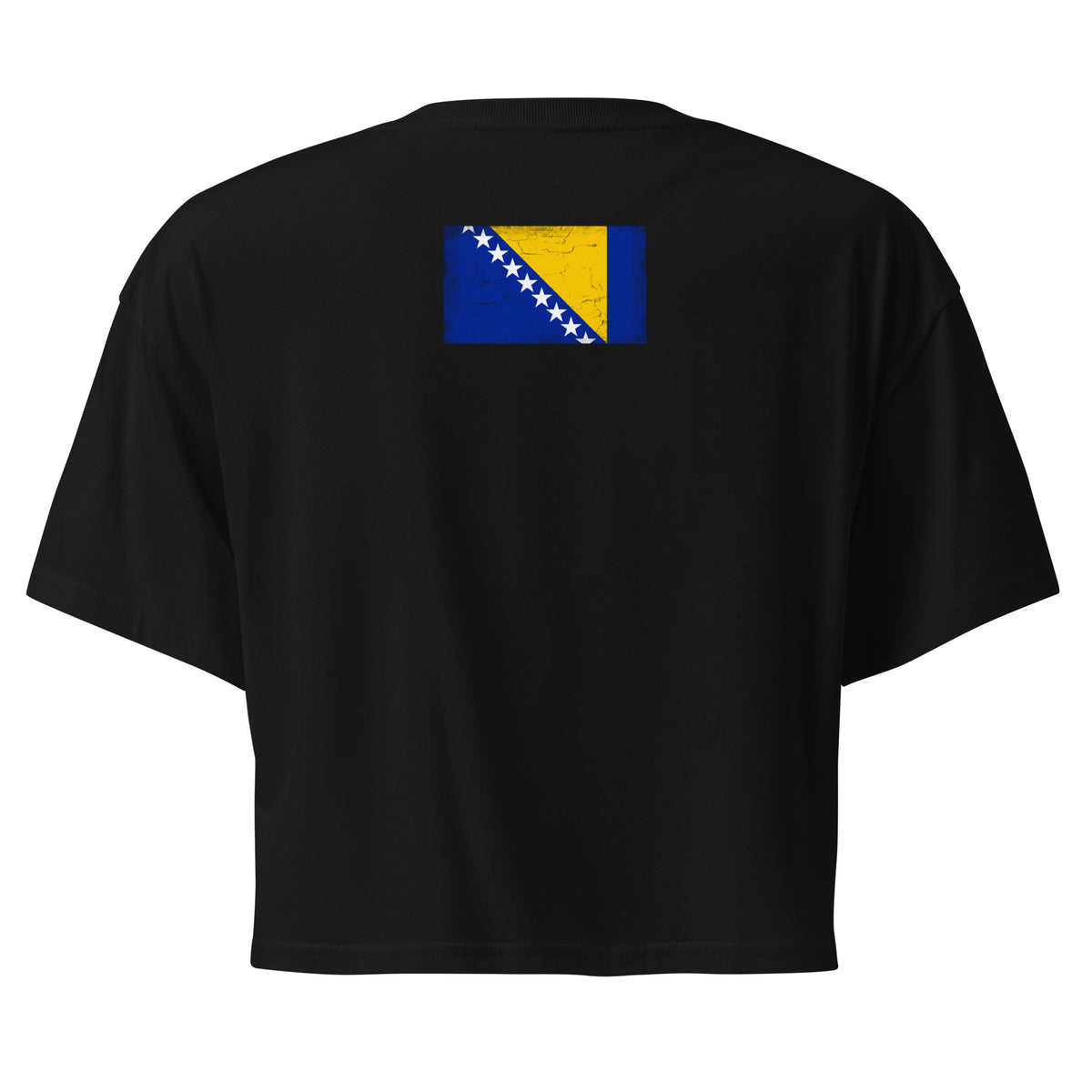 Bosnia and Herzegovina flag crop top in Black, vintage-washed print, flag across the upper back, women cut, back view