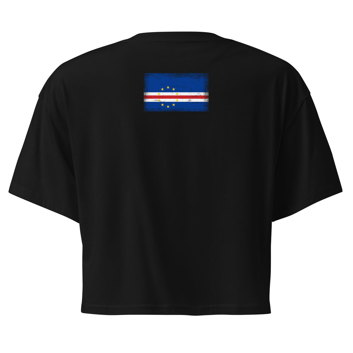 Cape Verde flag crop top in Black, vintage-washed print, flag across the upper back, women cut, back view