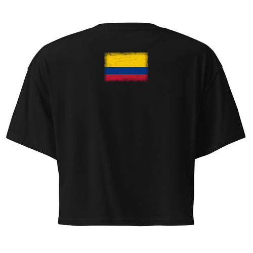 Colombia flag crop top in Black, vintage-washed print, flag across the upper back, women cut, back view