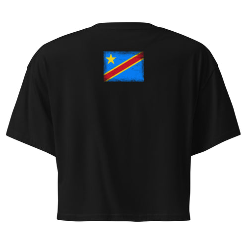 Congo flag crop top in Black, vintage-washed print, flag across the upper back, women cut, back view