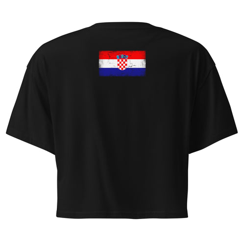 Croatia flag crop top in Black, vintage-washed print, flag across the upper back, women cut, back view
