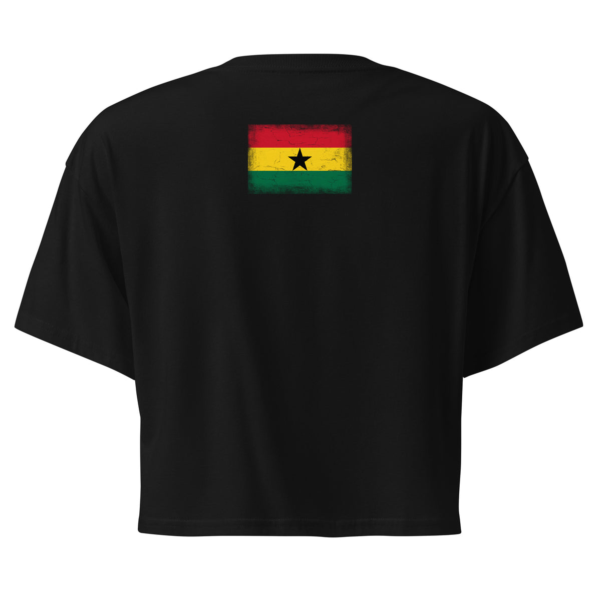 Ghana flag crop top in Black, vintage-washed print, flag across the upper back, women cut, back view
