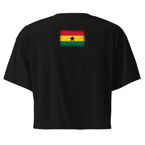 Ghana flag crop top in Black, vintage-washed print, flag across the upper back, women cut, back view