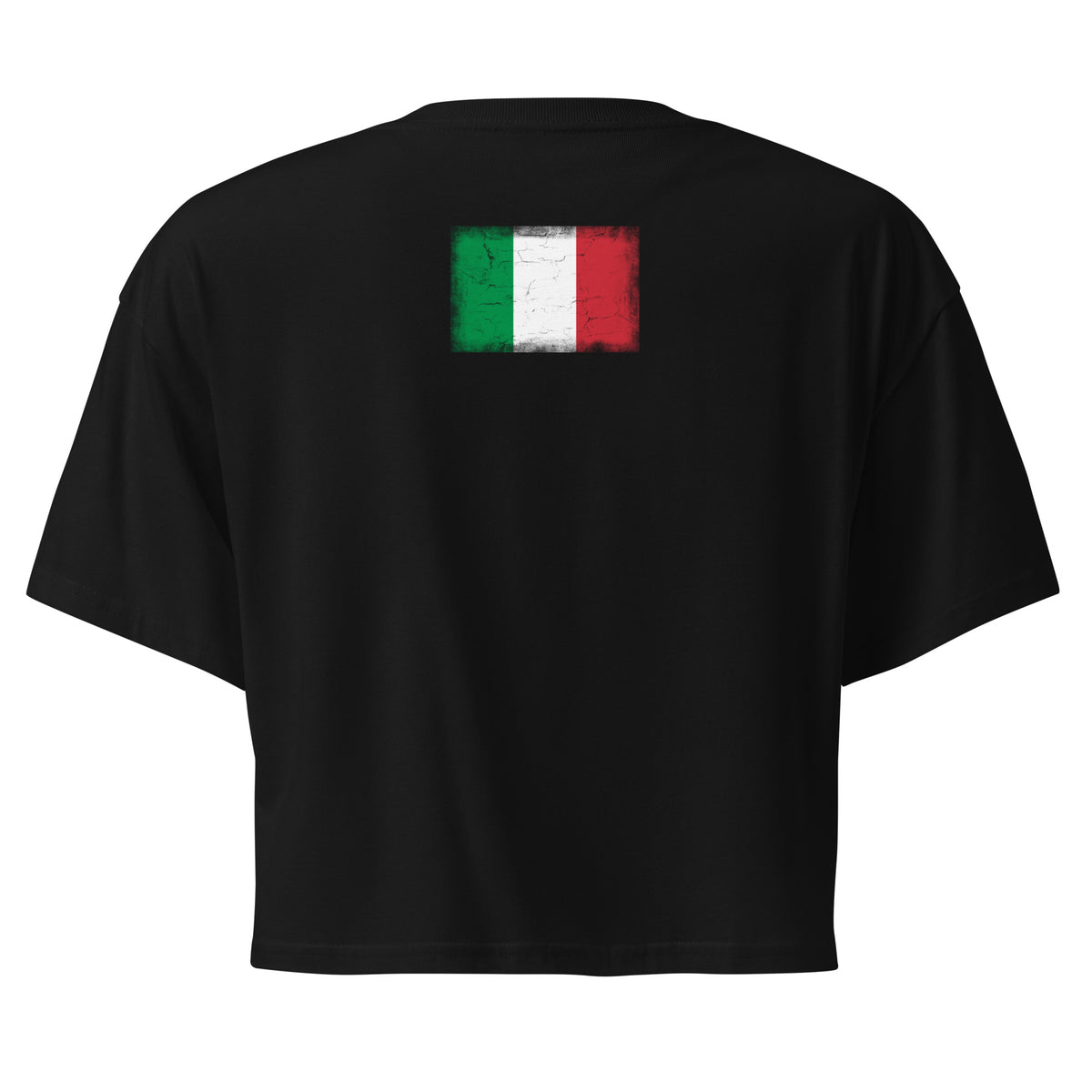 Italy flag crop top in Black, vintage-washed print, flag across the upper back, women cut, back view