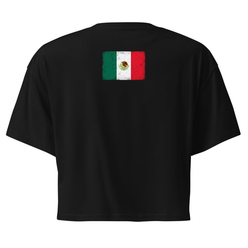 Mexico flag crop top in Black, vintage-washed print, flag across the upper back, women cut, back view