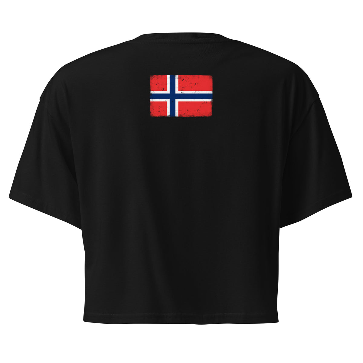 Norway flag crop top in Black, vintage-washed print, flag across the upper back, women cut, back view