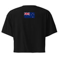 New Zealand flag crop top in Black, vintage-washed print, flag across the upper back, women cut, back view