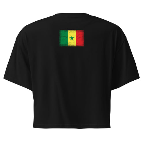 Senegal flag crop top in Black, vintage-washed print, flag across the upper back, women cut, back view