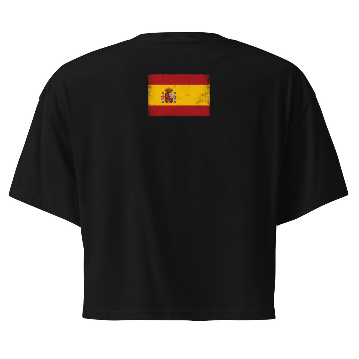 Spain flag crop top in Black, vintage-washed print, flag across the upper back, women cut, back view