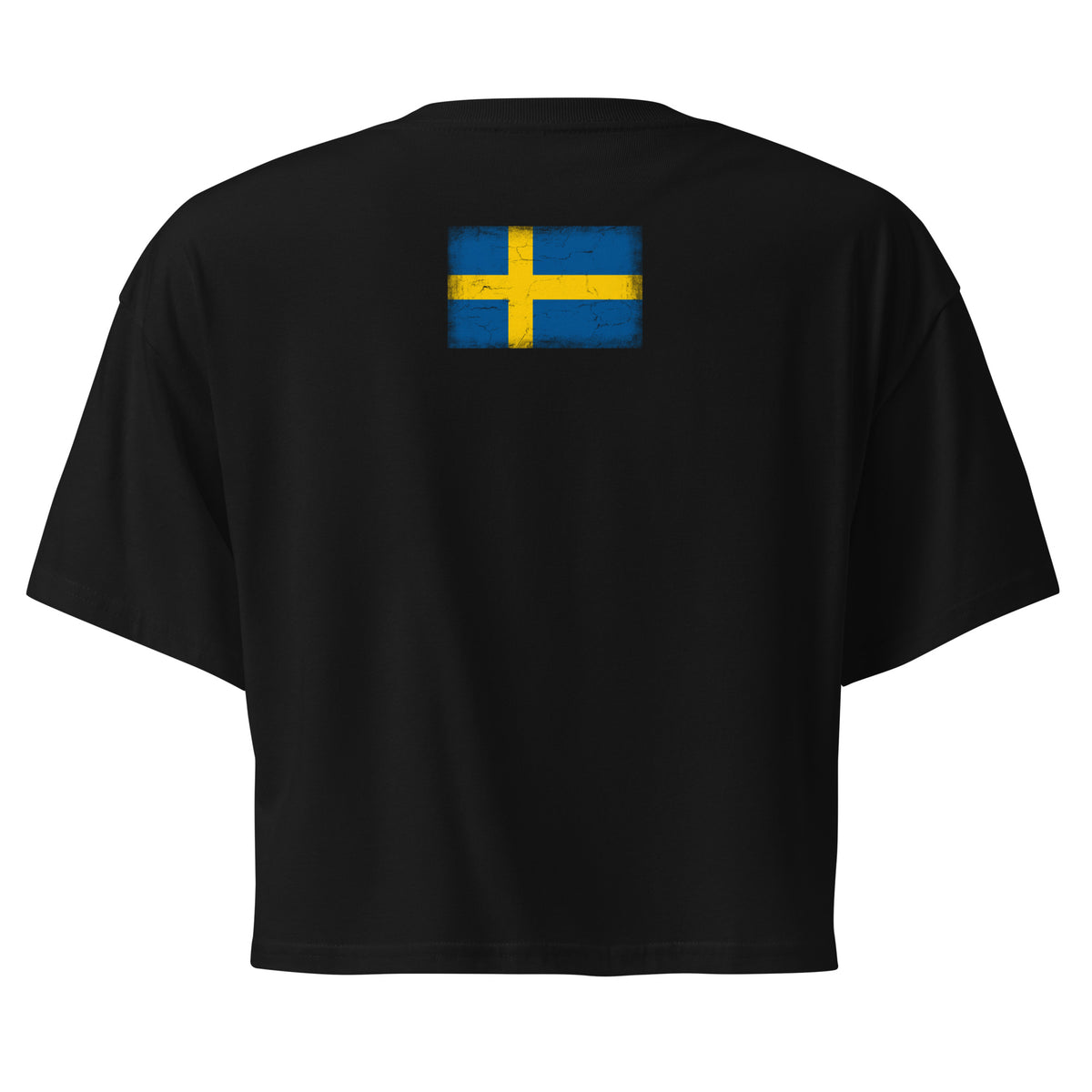 Sweden flag crop top in Black, vintage-washed print, flag across the upper back, women cut, back view