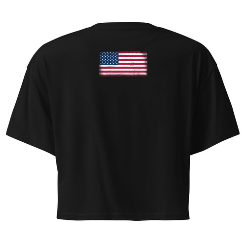 USA flag crop top in Black, vintage-washed print, flag across the upper back, women cut, back view