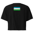Uzbekistan flag crop top in Black, vintage-washed print, flag across the upper back, women cut, back view