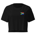 South Africa flag crop top in Black, vintage-washed print, small flag on the left chest, women cut, front view
