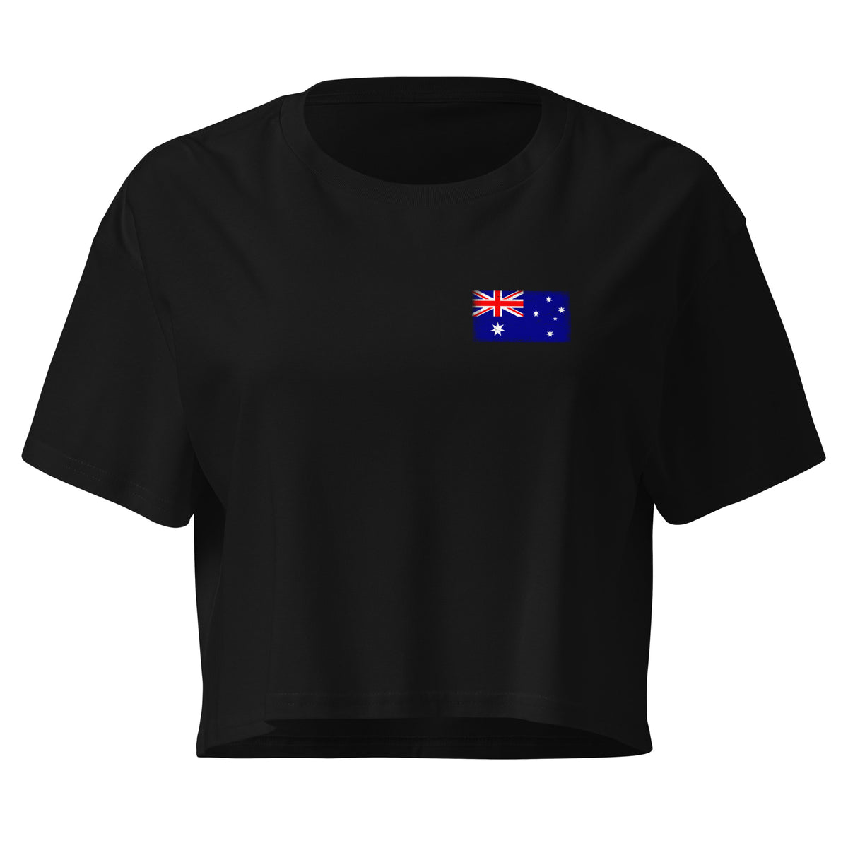 Australia flag crop top in Black, vintage-washed print, small flag on the left chest, women cut, front view