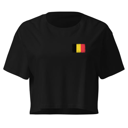 Belgium flag crop top in Black, vintage-washed print, small flag on the left chest, women cut, front view