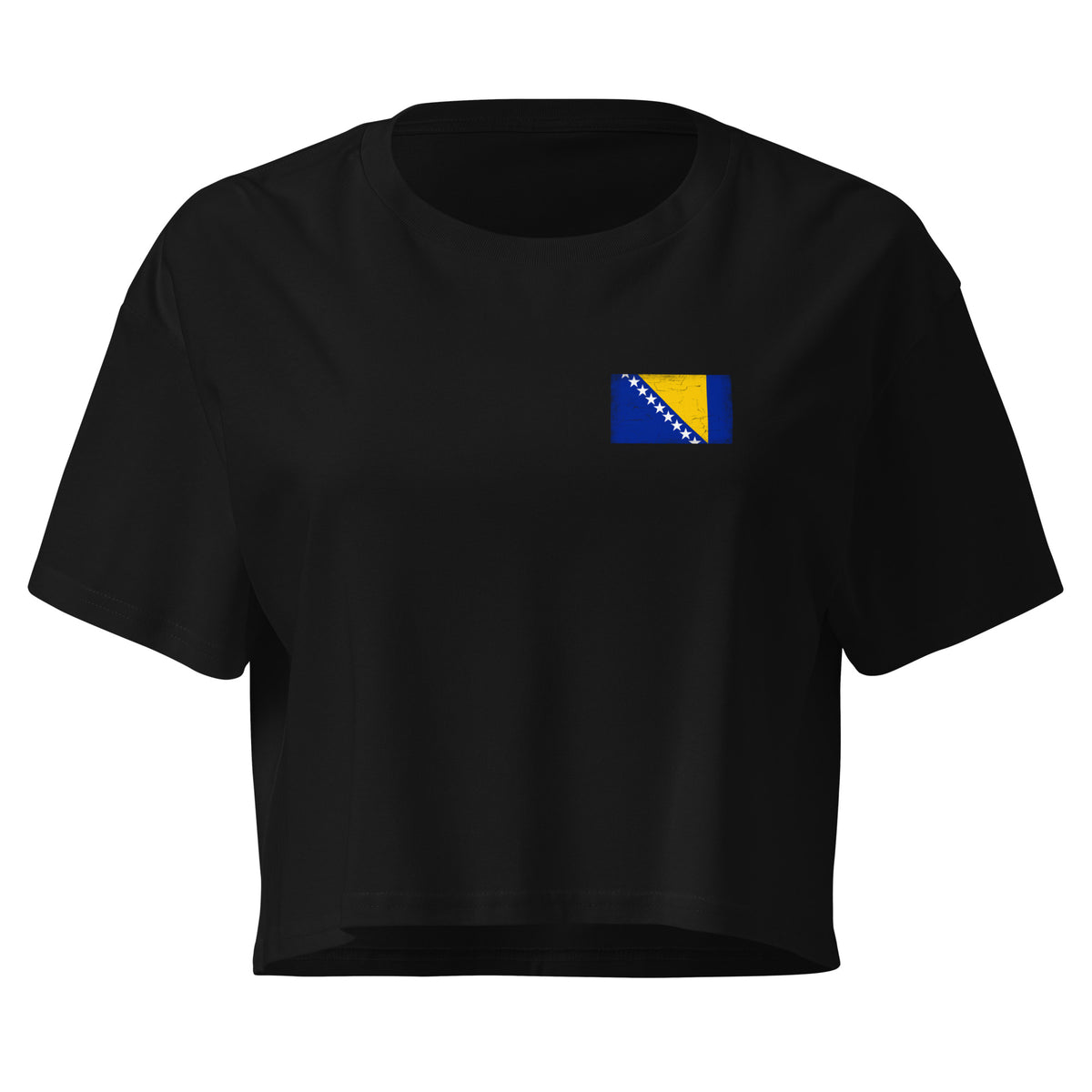 Bosnia and Herzegovina flag crop top in Black, vintage-washed print, small flag on the left chest, women cut, front view