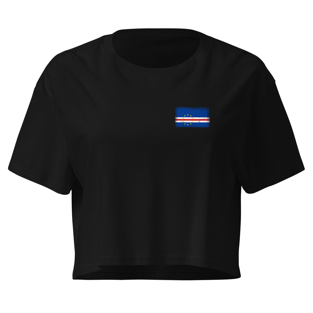 Cape Verde flag crop top in Black, vintage-washed print, small flag on the left chest, women cut, front view