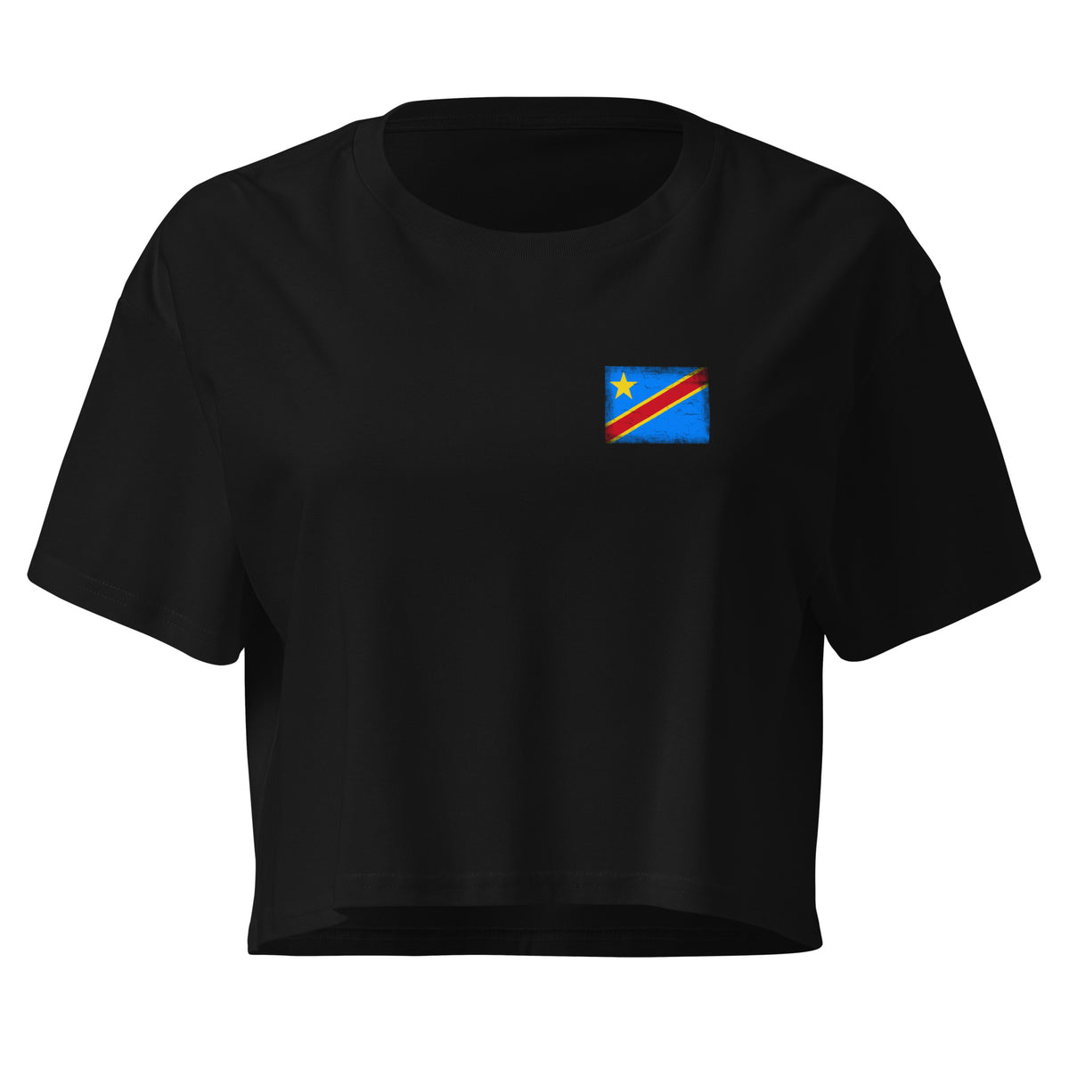 Congo flag crop top in Black, vintage-washed print, small flag on the left chest, women cut, front view