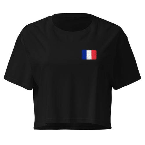 France flag crop top in Black, vintage-washed print, small flag on the left chest, women cut, front view