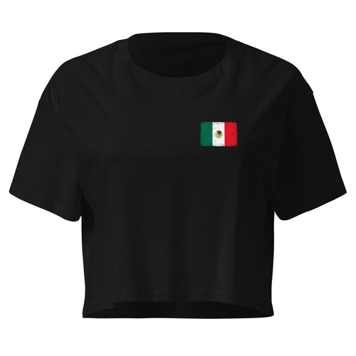 Mexico flag crop top in Black, vintage-washed print, small flag on the left chest, women cut, front view